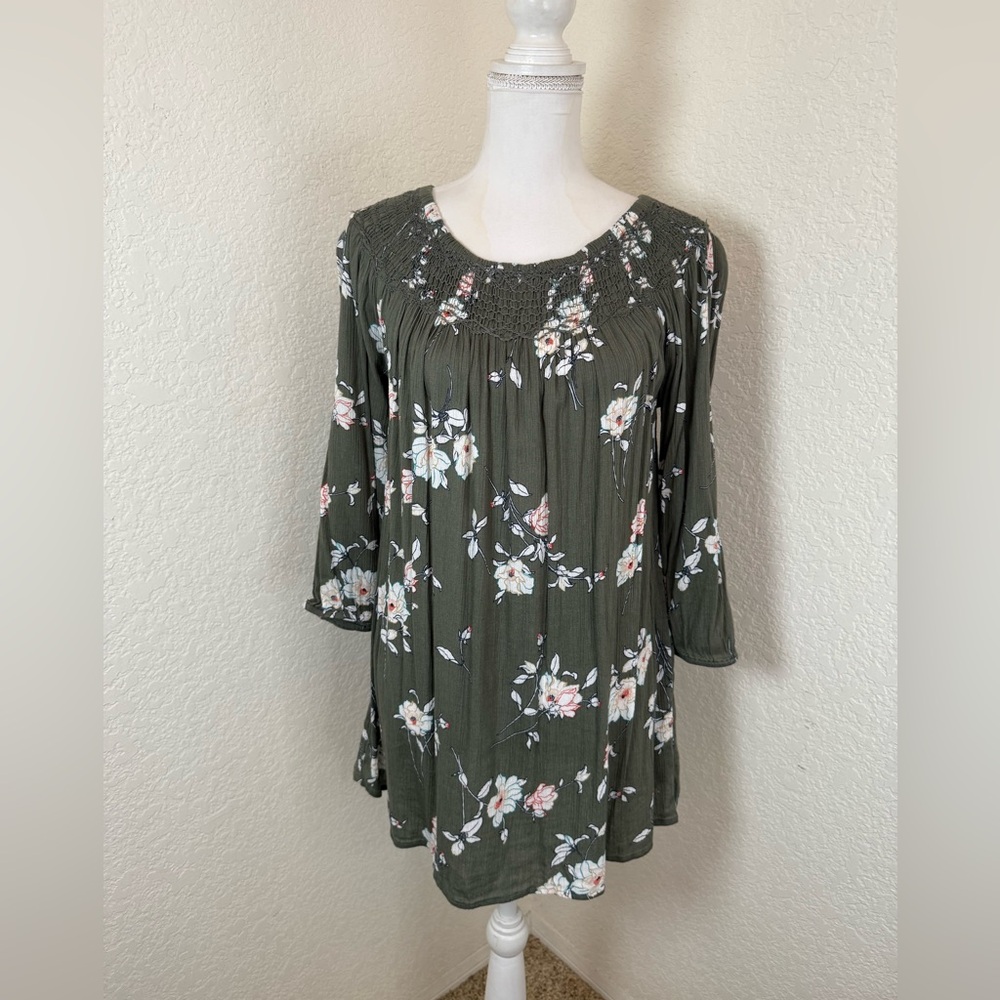 J.Jill Top Womens Sz Small GREEN Floral Smocked‎ TWO WAY A-Line Tunic